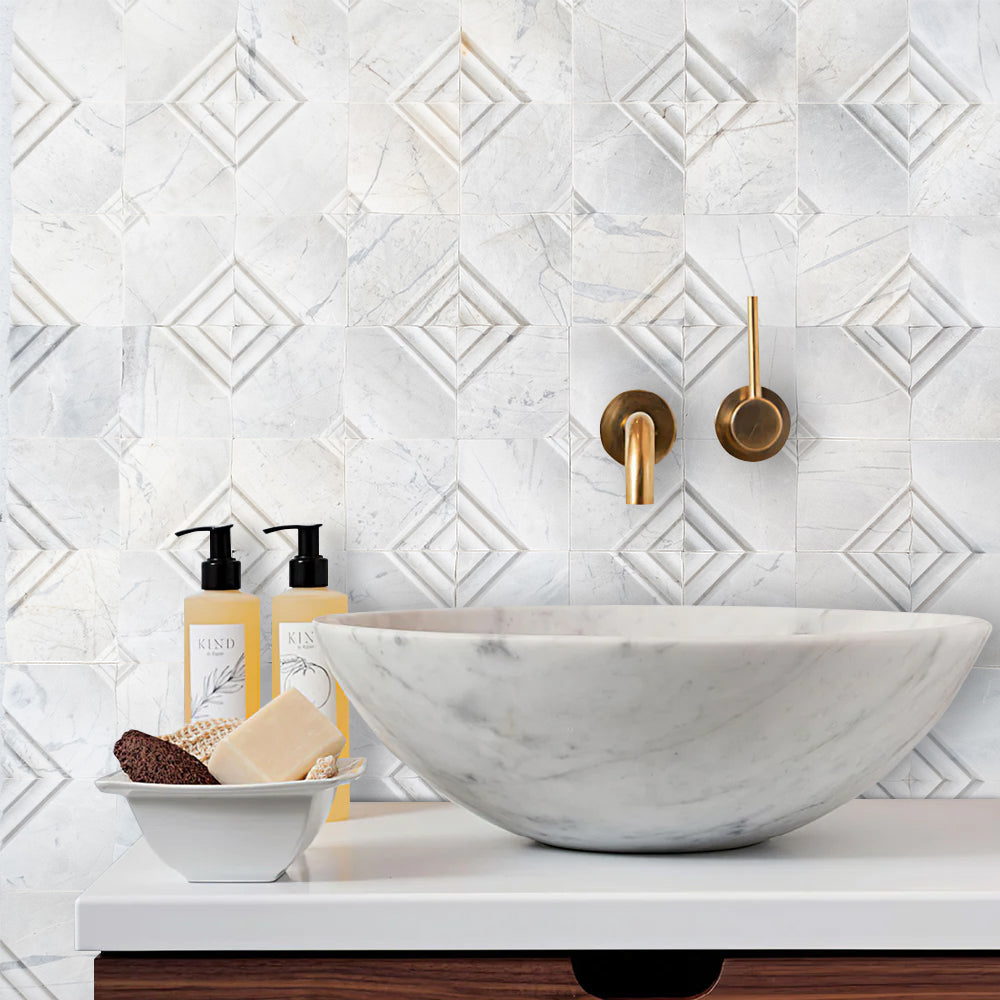 Palia White Dolomite Dimensional Mosaic Tile Stella Design on 12" x 12" Mesh