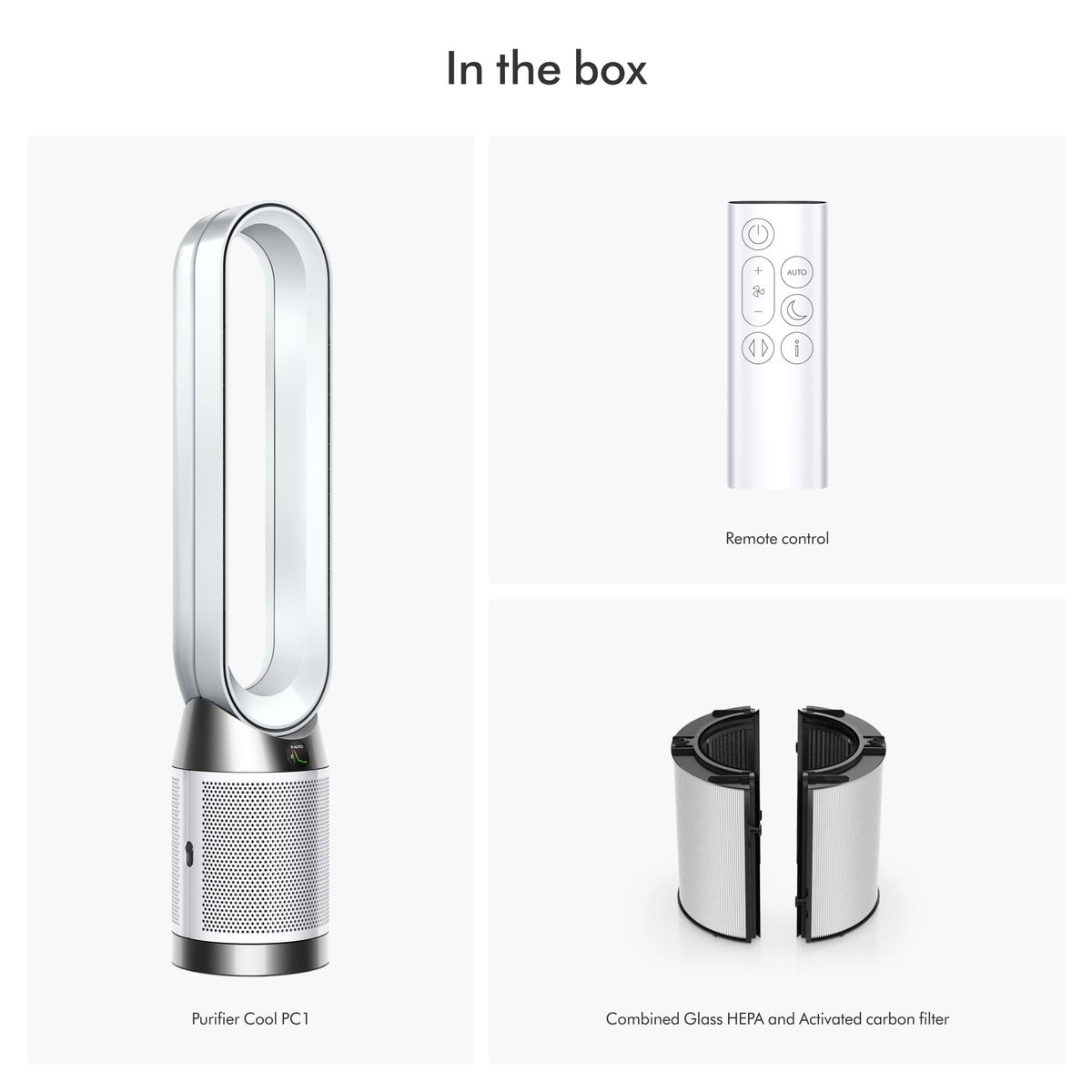 Dyson Purifier Cool PC1, HEPA Air Purifier Tower Fan, App and remote controlled, 350° oscillation, 10 levels, bladeless (White)