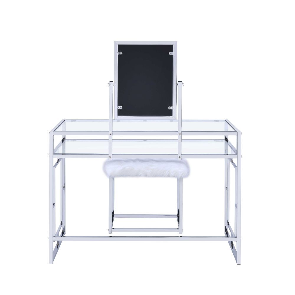 Carenze II - Vanity Set - White Faux Fur & Chrome