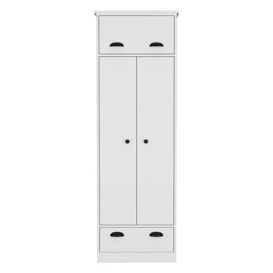 Dresser Closet With Upper Storage Covered With 1 Door, 2 Central Shelves, 1 Tube For Hanging Clothes Covered By 2 Doors, 1 Drawer At The Bottom - White