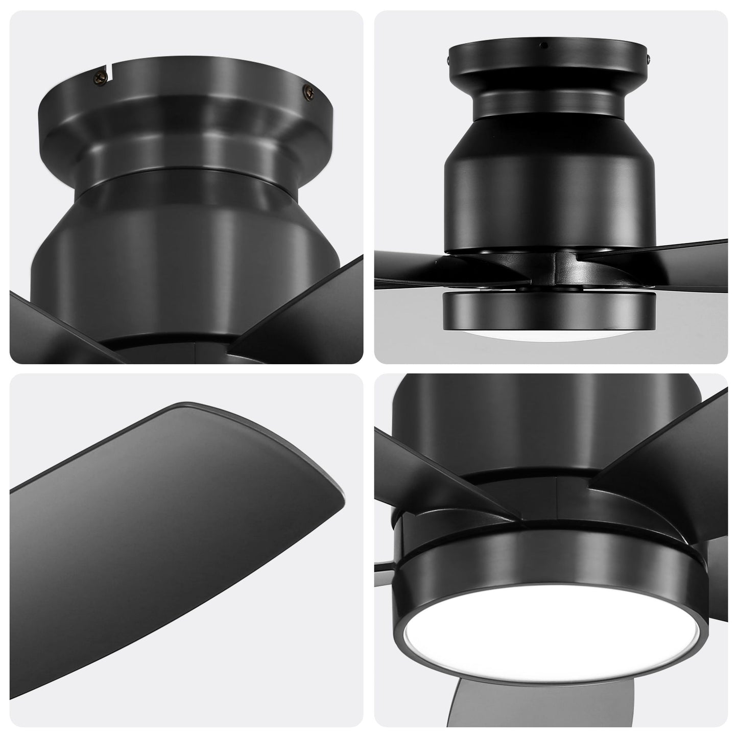 Flush Mount Ceiling Fan With LED Light 22W And Remote Control Blades For Indoor Use - Black