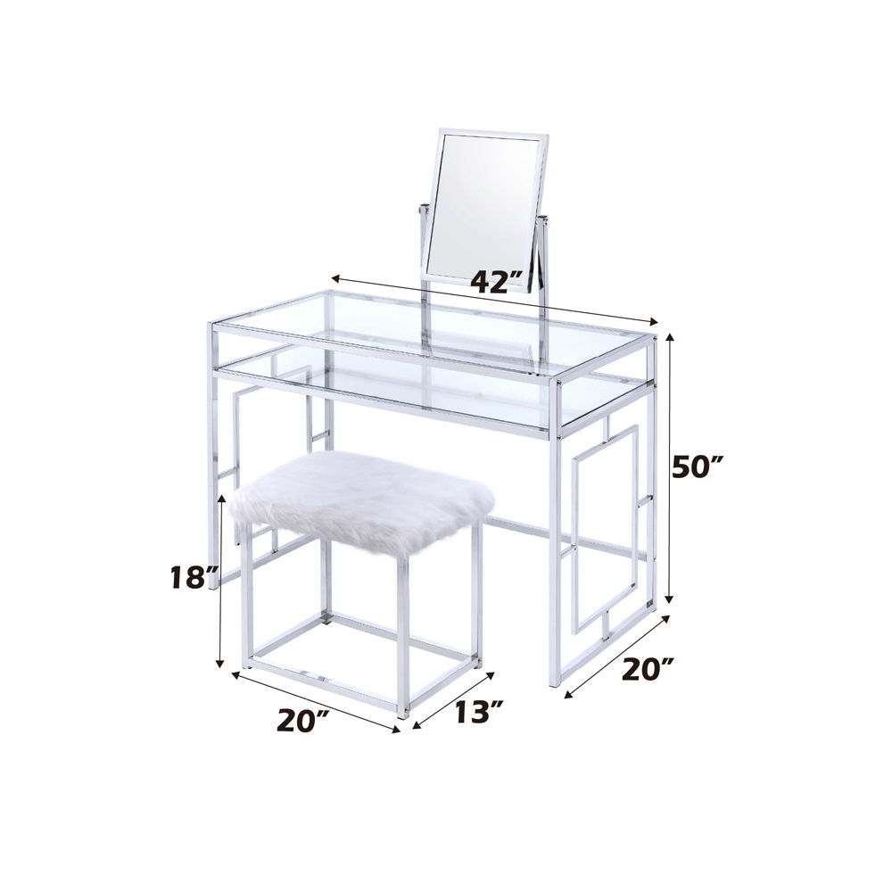 Carenze II - Vanity Set - White Faux Fur & Chrome