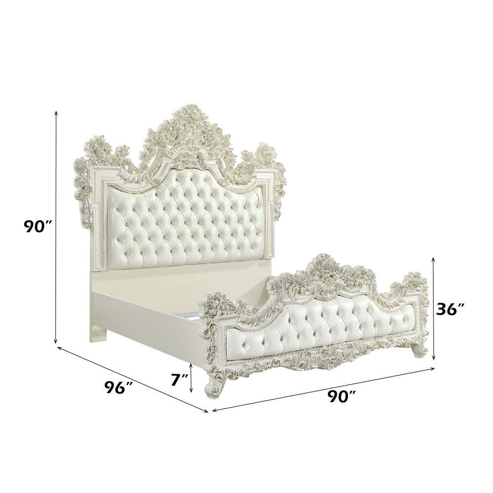 Adara - Eastern King Bed - Pearl White Synthetic Leather & Antique White
