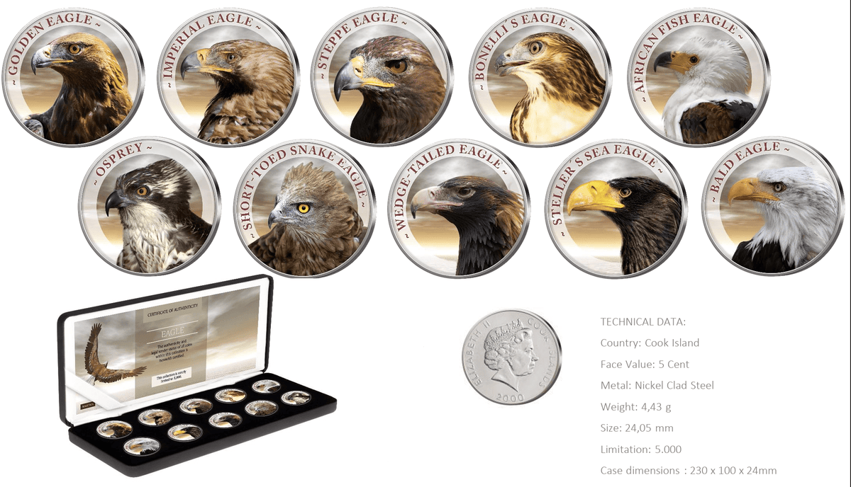 Cook Islands Eagle - Complete Colorized Eagles 10 x 4.43g Coin Set w/Display Box w/COA