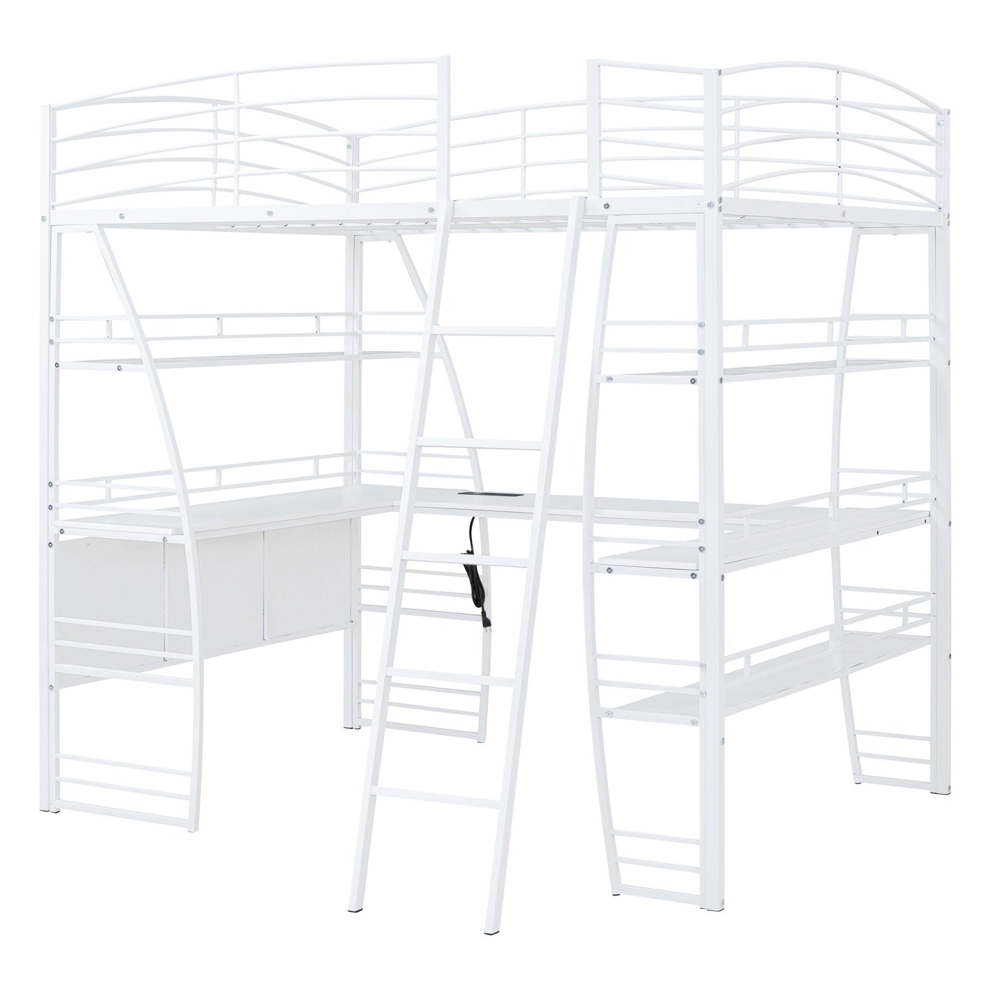 Loft Bed With 4 Layers Of Shelves And L-Shaped Desk, Stylish Metal Frame Bed With A Set Of Sockets, USB Ports And And Wireless Charging