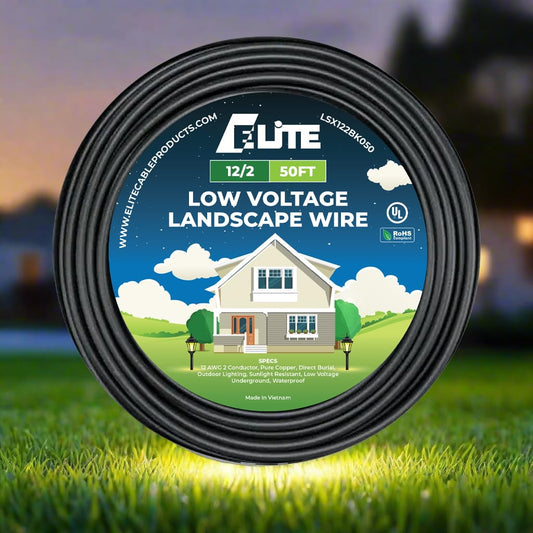 Elite 12/2 Landscape Lighting Wire 50ft, Low Voltage, Direct Burial, Outdoor, UL Listed, Pure Copper, 12AWG 2 Conductor