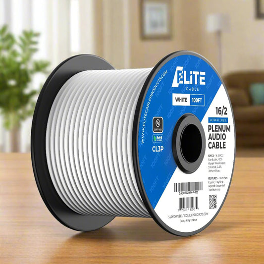Elite 16/2 Plenum Speaker Wire Cable, 16AWG/2-Conductor, Stranded, UL Listed, CMP/CL3P, Plenum/in-Wall, 100% Oxygen Free Pure Bare Copper (OFC), 1000ft, White