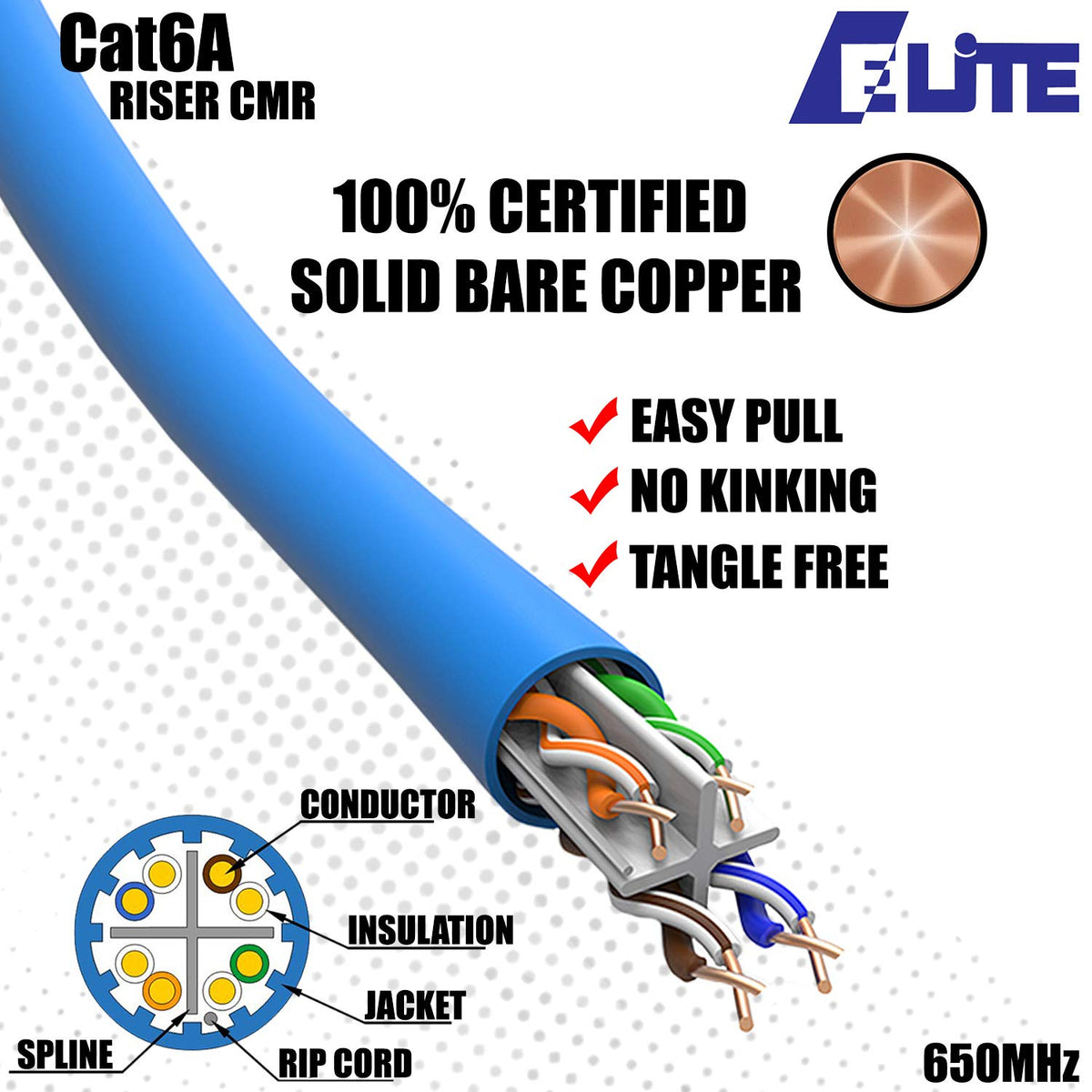 Elite 250ft. Cat6A Riser (CMR) Unshielded, 23AWG, 10Gb, Solid Bare Copper, 750MHz, UL Listed (Blue)