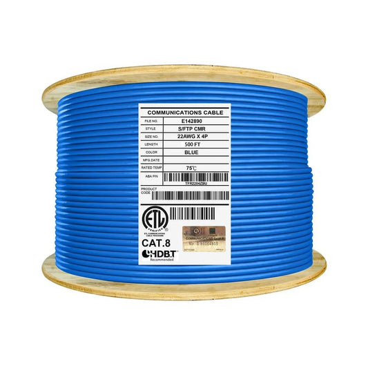 Elite 500ft. Cat8 Shielded Riser (CMR), 40Gb, 2000MHz, S/FTP 22AWG, Solid Bare Copper, UL Listed, ETL Listed, PoE++ (Blue, 500ft.)