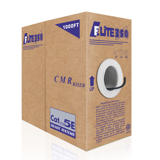 Elite Cat5e Riser (CMR), 1000ft, UTP 24AWG, Solid Pure Copper, 350MHz, UL Listed, Easy to Pull (Reelex II) Box, Bulk Ethernet Cable, Blue
