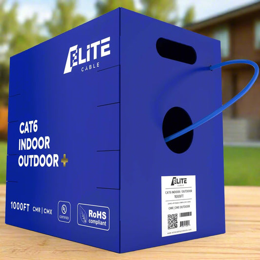 Elite Cat6 Indoor/Outdoor Ethernet Cable - 23AWG, 1000ft, 600MHz, CMR/Riser + CMX/Outdoor, 5+ dB, PoE++ Certified, UL Listed, UL-LP Rated - Wire Ethernet Indoors, Outdoors, in Wall - Blue
