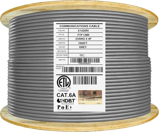 Elite Cat6A Shielded Riser (CMR), 1000ft, FTP 23AWG, Solid Bare Copper, 650MHz, 10Gb Speeds, UL Listed, UL-LP Certification, Higher Performance PoE, Bulk Ethernet Cable Reel, Grey