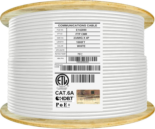 Elite Cat6A Shielded Riser (CMR), 1000ft, FTP 23AWG, Solid Bare Copper, 650MHz, 10Gb Speeds, UL Listed, UL-LP Certification, Higher Performance PoE, Bulk Ethernet Cable Reel, White