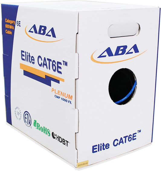 Elite Cat6e Plenum Cable 600MHz, 1000ft, 23AWG, UTP, Solid Pure Copper, UL Listed, UL-LP Certification, High Performance PoE, w/Spline-Noise Reducing, Easy Pull - Reelex II Box, Bulk Ethernet, Blue