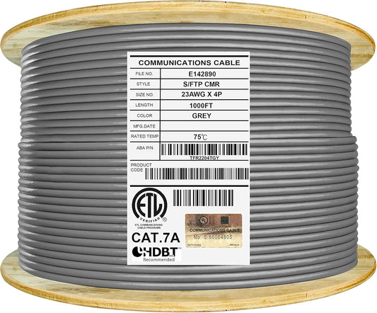 Elite CAT7A Shielded Riser (CMR), Ethernet Cable 1000ft Reel, Shielded Foil Twisted Pair (S/FTP) 23AWG, Solid Pure Bare Copper, 1000MHz, UL Certified, Easy Pull, Bulk Networking Cable - Grey