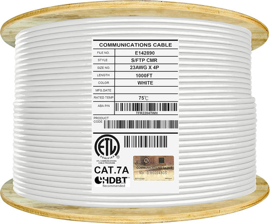 Elite CAT7A Shielded Riser (CMR), Ethernet Cable 1000ft Reel, Shielded Foil Twisted Pair (S/FTP) 23AWG, Solid Pure Bare Copper, 1000MHz, UL Certified, Easy Pull, Bulk Networking Cable - White
