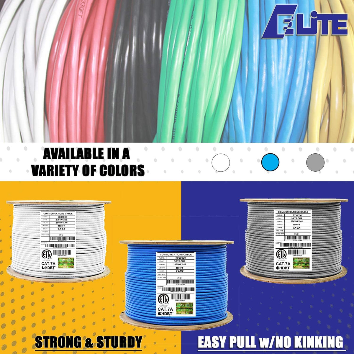 Elite CAT7A Shielded Riser (CMR), Ethernet Cable 1000ft Reel, Shielded Foil Twisted Pair (S/FTP) 23AWG, Solid Pure Bare Copper, 1000MHz, UL Certified, Easy Pull, Bulk Networking Cable - White