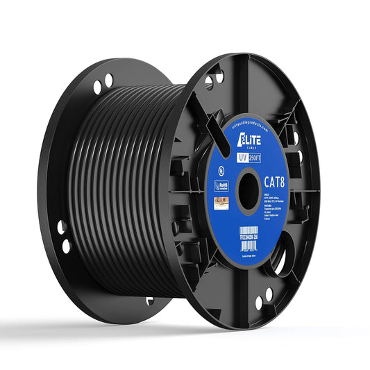 Elite Cat8 250ft Outdoor/Indoor Cable, UV Resistant, 40Gb, 2000MHz, CMR/Riser + UV/Outdoor, High Speed, Pure Solid Copper, Easy Pull Reel, Black