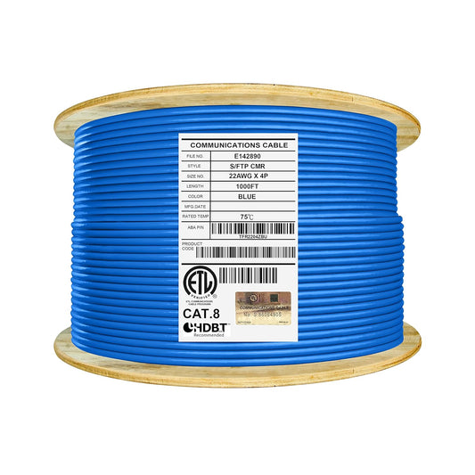 Elite Cat8 Shielded Riser (CMR), 40Gb, 2000MHz, S/FTP 22AWG, Solid Pure Copper, Higher Performance PoE, UL Listed, ETL Verified (Blue 1000ft.)