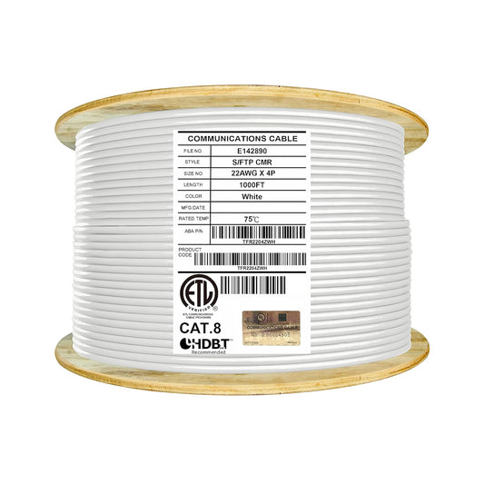 Elite Cat8 Shielded Riser (CMR), 40Gb, 2000MHz, S/FTP 22AWG, Solid Pure Copper, Higher Performance PoE, UL Listed, ETL Verified (White, 1000ft.)