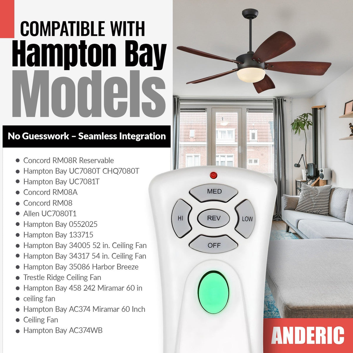 Anderic Substitute for allen + roth UC7080T1 Ceiling Fan Remote Control [RR7080T]