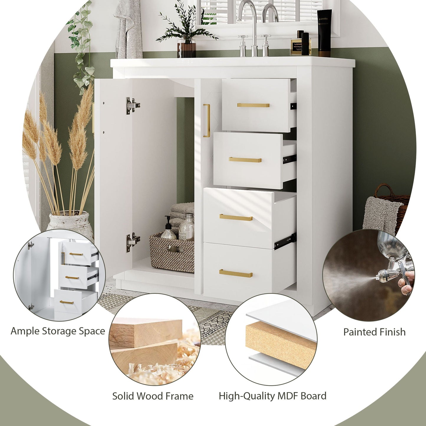 Bathroom Vanity With Sink, Storage Cabinet, Freestanding Set With 3 Drawers & Soft Closing Doors