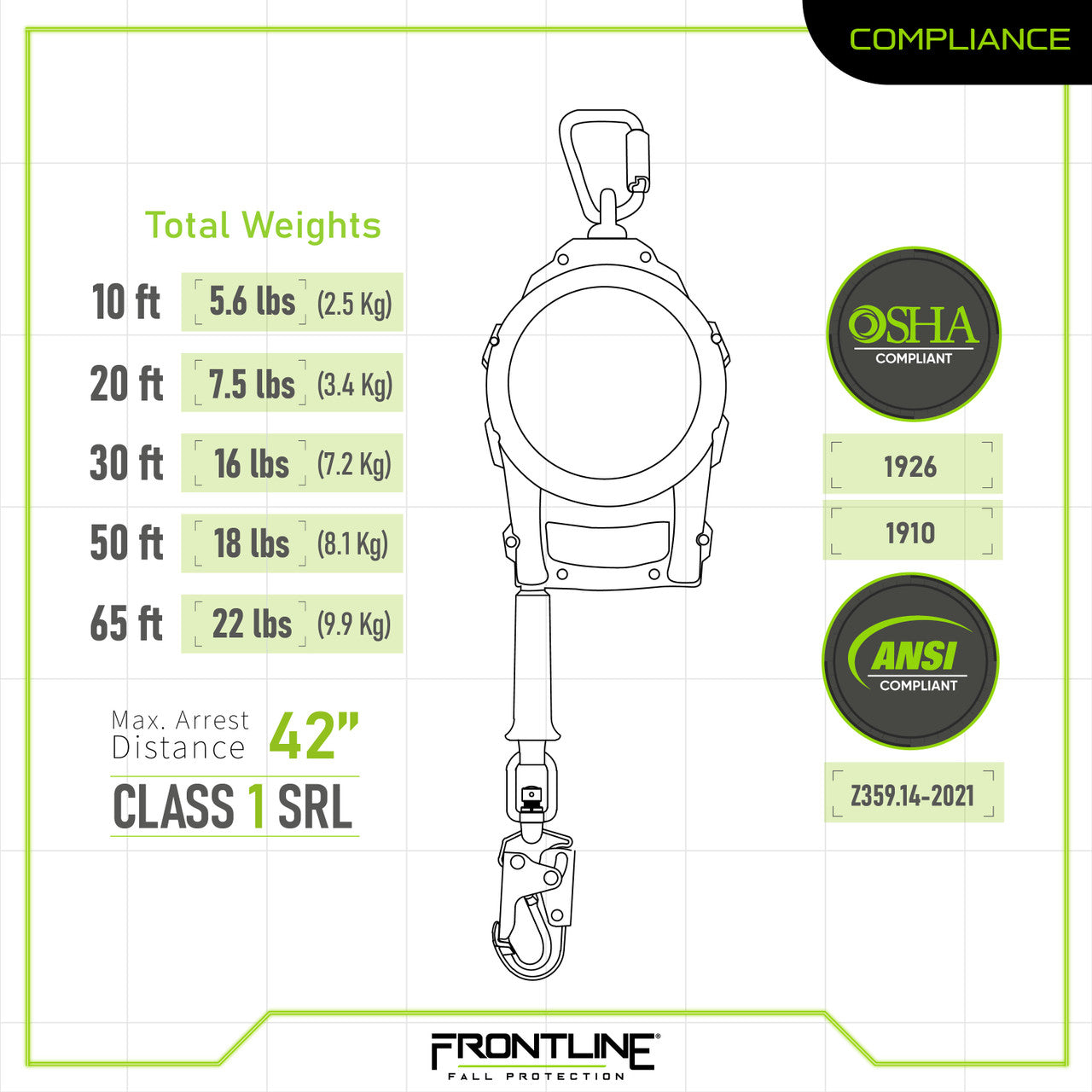 Frontline RPG20 20' Cable Single Leg SRL with Steel Snap Hook End with Carry on Handle and Tagline