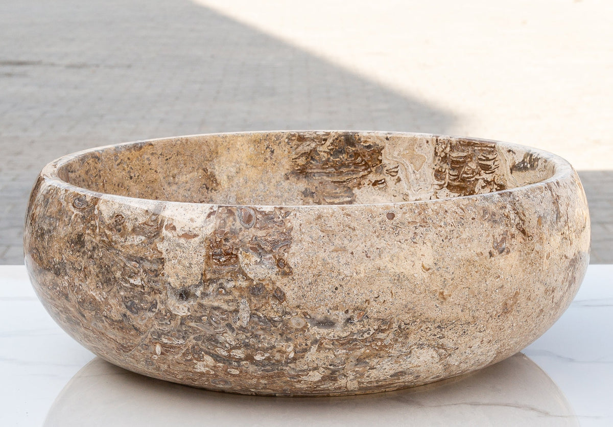 Turkish Travertine Vessel Sink Valencia Beige Filled and Polished Stone 16 Inch