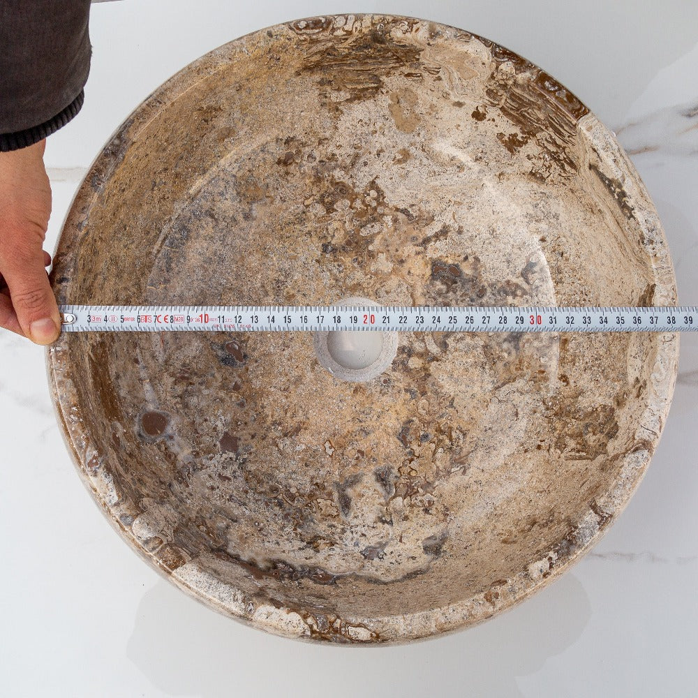 Turkish Travertine Vessel Sink Valencia Beige Filled and Polished Stone 16 Inch