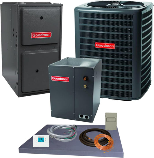 Goodman 4 ton 14.5 SEER2 Complete Split System with upflow coil and single stage 96% AFUE 120k BTU furnace with install accessories! (GLXS4BA4810 CAPTA6030D3 GR9S961205DN)