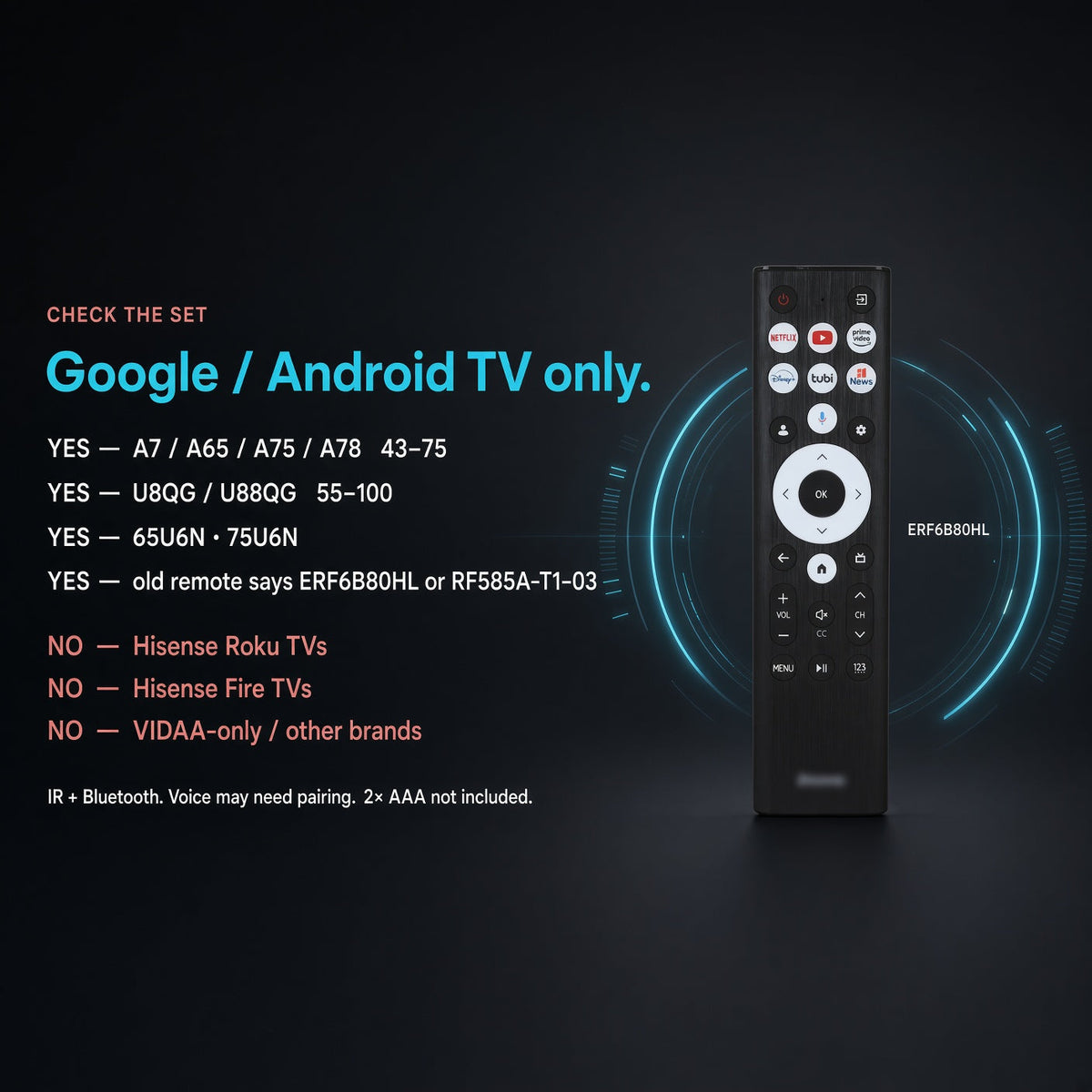 Hisense ERF6B80HL Google Voice TV Remote Control | RF585A-T1-03 | A7 Series | U8 Series - ERF6B80HL