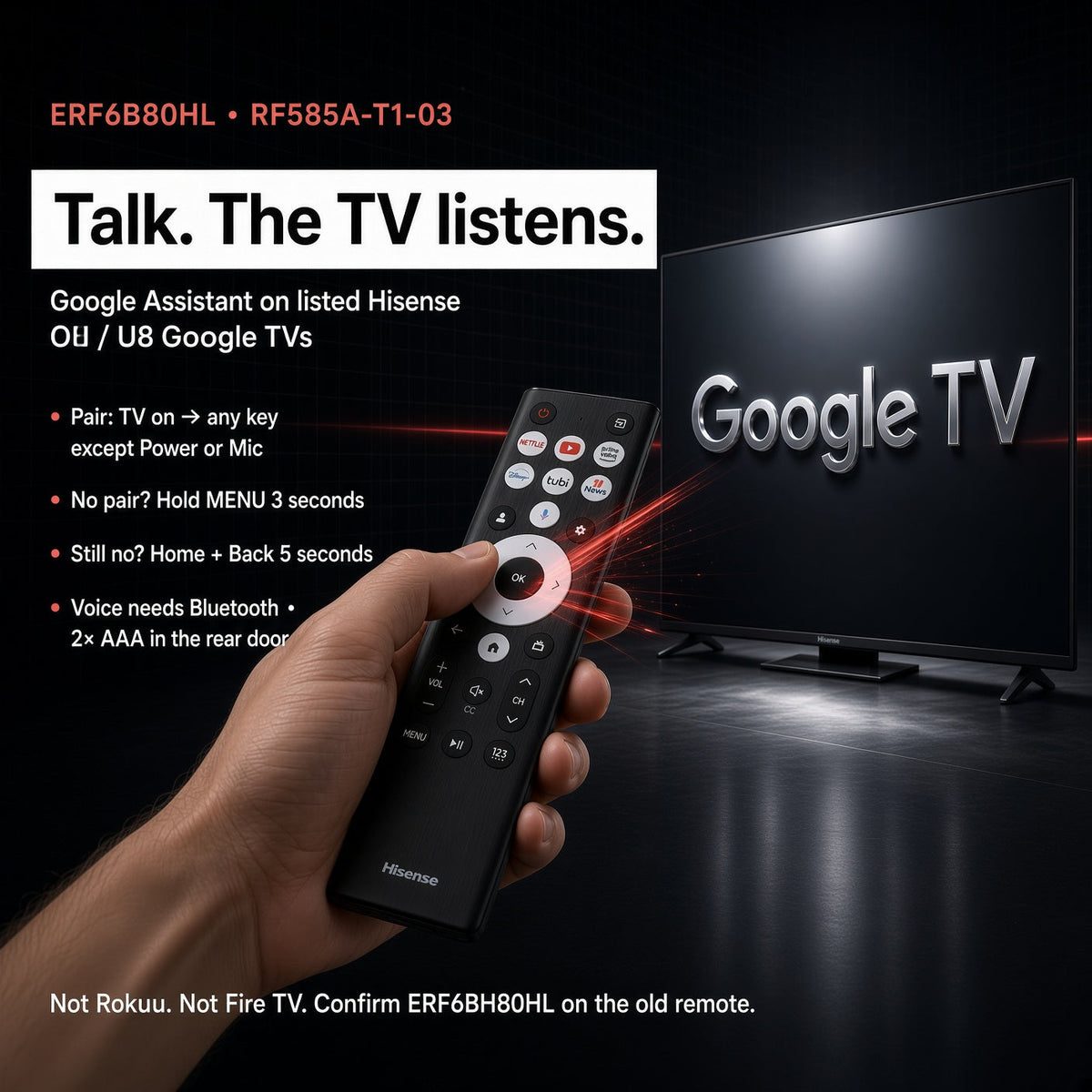 Hisense ERF6B80HL Google Voice TV Remote Control | RF585A-T1-03 | A7 Series | U8 Series - ERF6B80HL