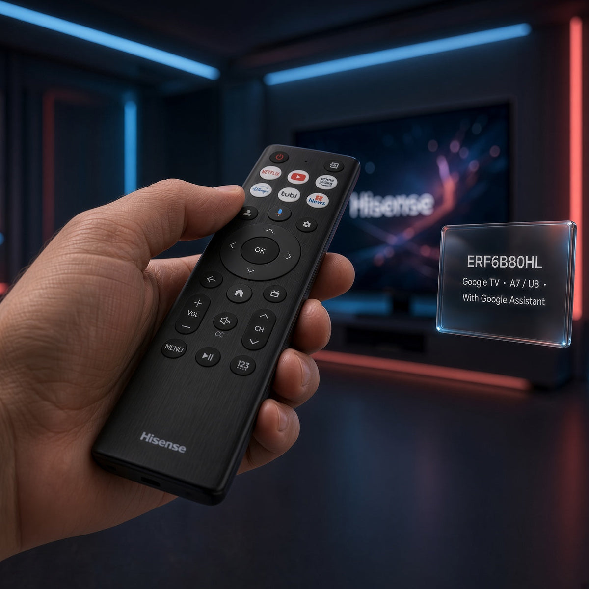 Hisense ERF6B80HL Google Voice TV Remote Control | RF585A-T1-03 | A7 Series | U8 Series - ERF6B80HL
