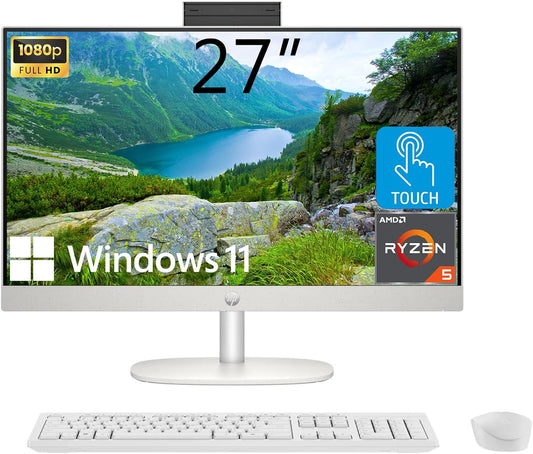 HP 27" All-in-One Desktop Computer, FHD IPS Touchscreen, AMD Ryzen 5 7520U Processor, 16GB LPDDR5, 256GB SSD, Wi-Fi 6, HDMI, USB-C, Ethernet RJ-45, Wireless KB& Mouse, Windows 11 Home