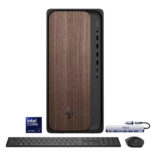 HP OmniDesk Desktop Computer – Intel Core Ultra 7 265, 16GB DDR5 1TB SSD, Sleek Dark Wood Design, AI-Ready Performance, Windows 11 Pro with Dockstation