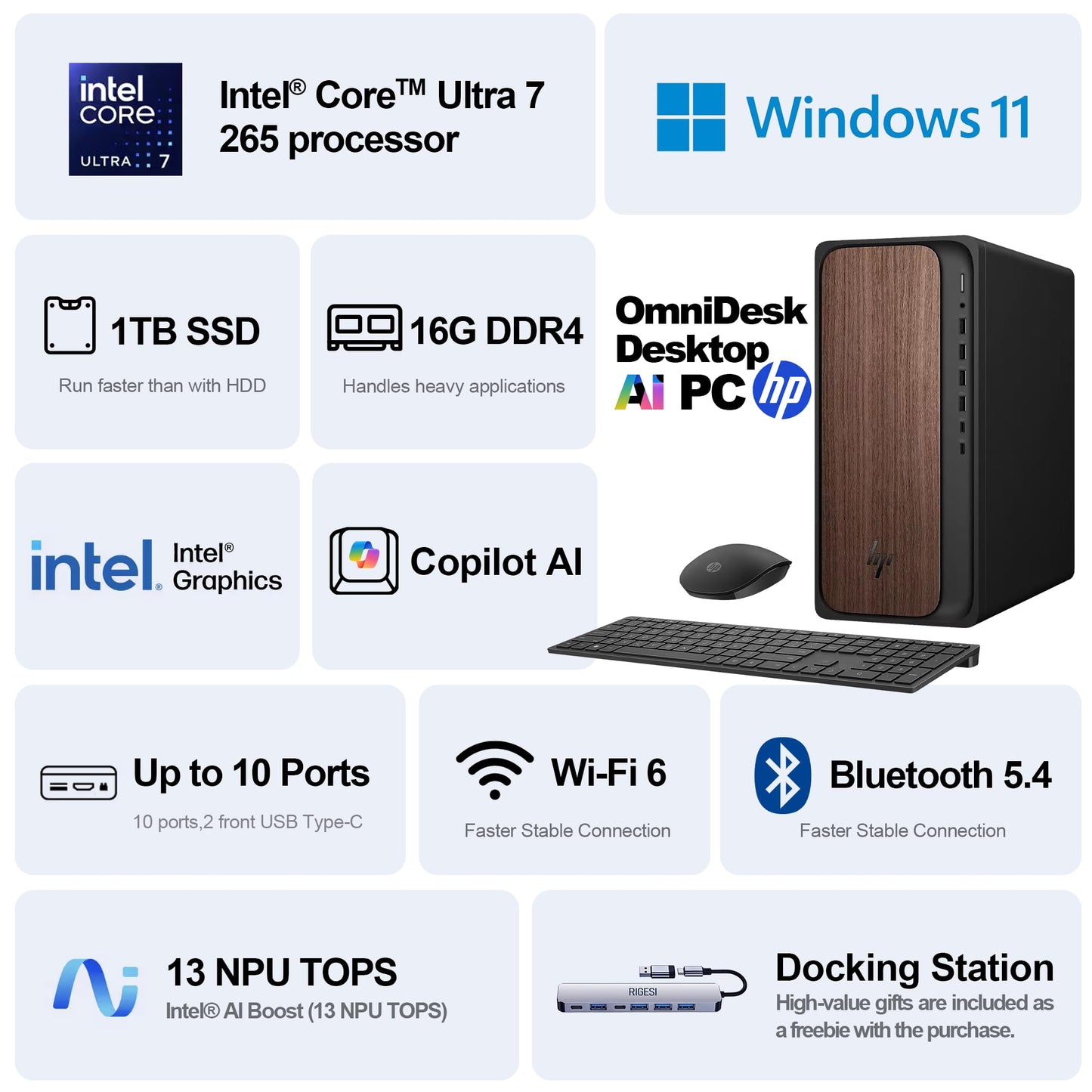 HP OmniDesk Desktop Computer – Intel Core Ultra 7 265, 16GB DDR5 1TB SSD, Sleek Dark Wood Design, AI-Ready Performance, Windows 11 Pro with Dockstation