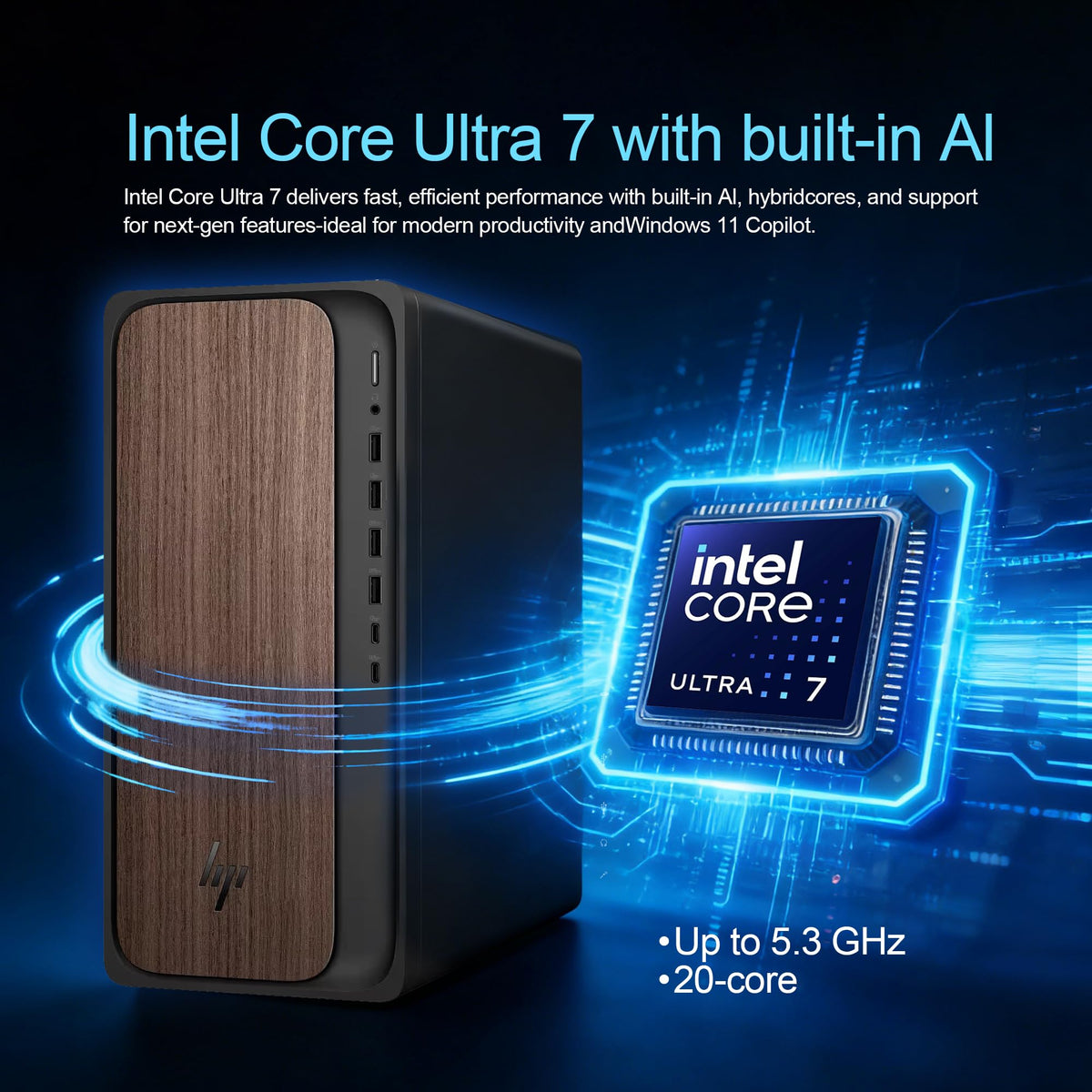 HP OmniDesk Desktop Computer – Intel Core Ultra 7 265, 16GB DDR5 1TB SSD, Sleek Dark Wood Design, AI-Ready Performance, Windows 11 Pro with Dockstation