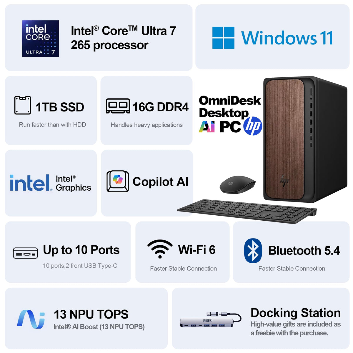 HP OmniDesk Desktop Computer – Intel Core Ultra 7 265, 16GB DDR5 1TB SSD, Sleek Dark Wood Design, AI-Ready Performance, Windows 11 Pro with Dockstation
