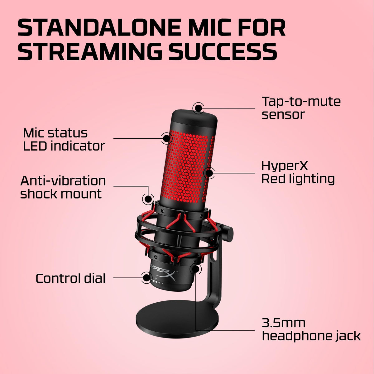 HyperX QuadCast 2 – USB Microphone for Gaming, Streaming and Podcasting, with On-Board Controls, LED Lighting, Removable Shock Mount, PC, Mac, PS5, PS4, USB-C - Black