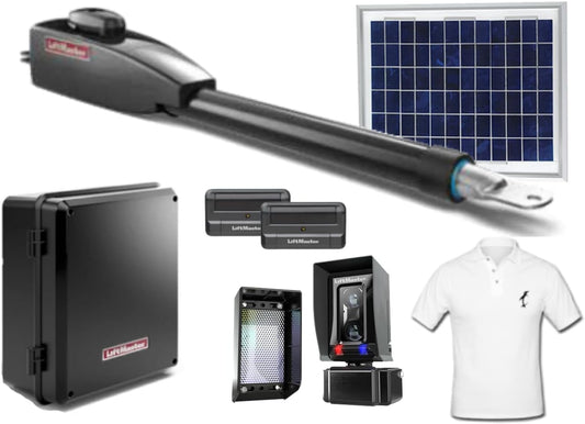 LA412PKGUL Solar 12V Swing Gate Opener Kit with (2) 811LM Remotes, Battery Backup, Receiver & Photocell, Gate Sensor, and SMFE Cotton Installer Shirt