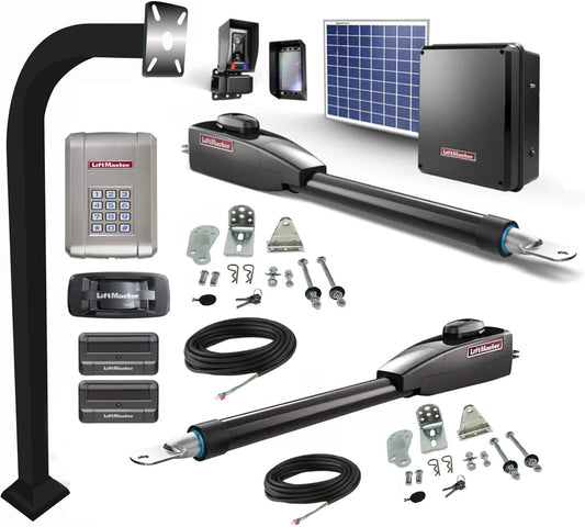 LA412PKGUL Solar-Powered Dual Swing Gate Operator Kit Includes Primary, Secondary Arms, Control Box, 10W Solar, Batteries, LMRRUL, 811LM, KPW250, 828LM, 42" Aluminum Pedestal L.A. Ornamental
