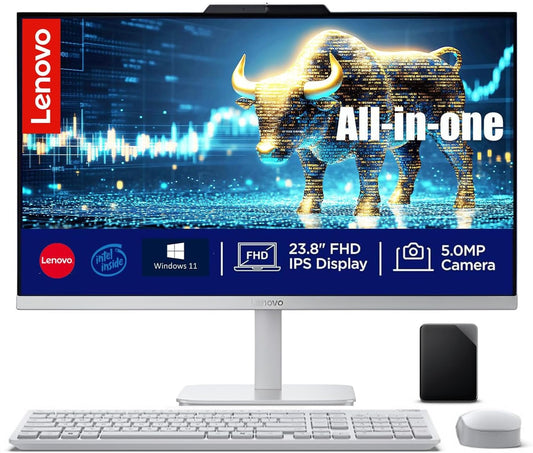 Lenovo All in One Desktop, Intel Ultra-Fast 4-Core CPU| 24'' FHD Display| 16GB RAM, 256GB PCIe SSD On Board Plus 512GB HDD External | Wi-Fi 6| Bluetooth| RJ-45| Windows 11 | HDMI | Wireless KB & Mouse