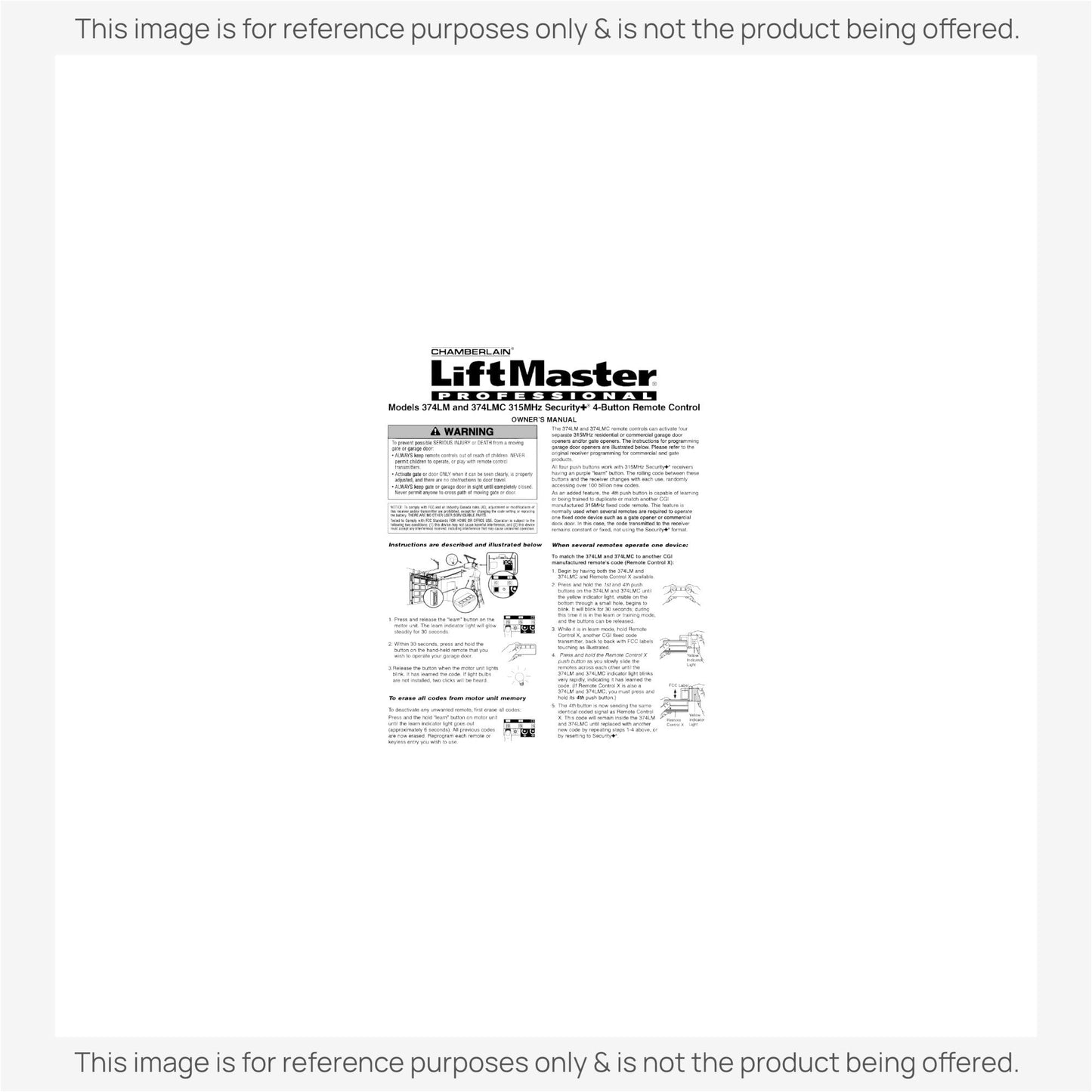 Substitute for LiftMaster 374LM / 374LMC 4-Button Visor 315 MHz Garage Door Opener Remote Control [375UT-3button]