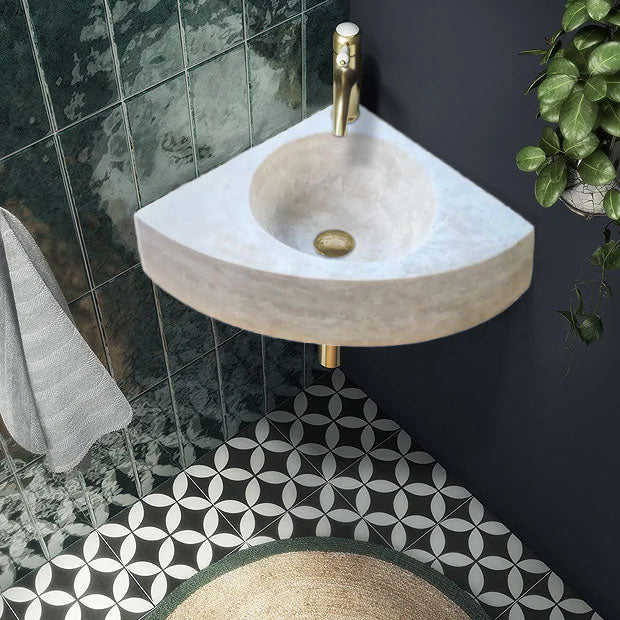 Light Beige Travertine Handcrafted Vessel Corner Sink Wall Mount 15.7 x 15.7