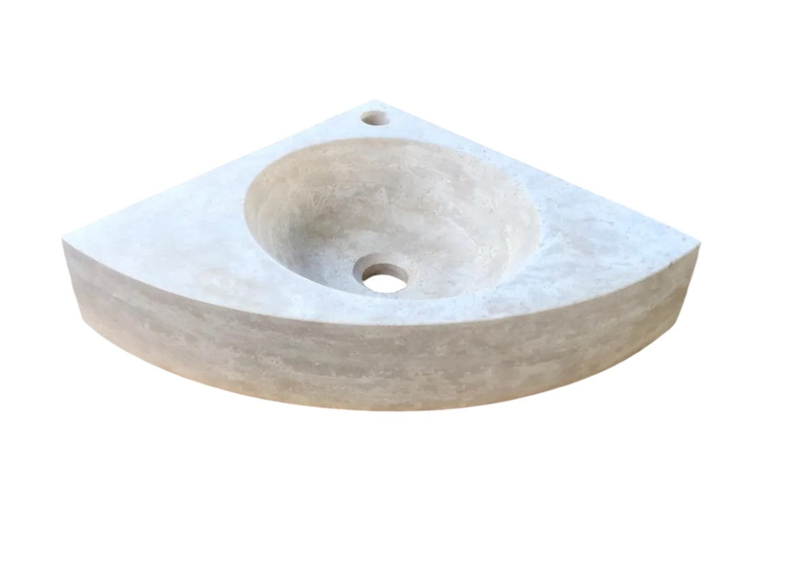 Light Beige Travertine Handcrafted Vessel Corner Sink Wall Mount 15.7 x 15.7