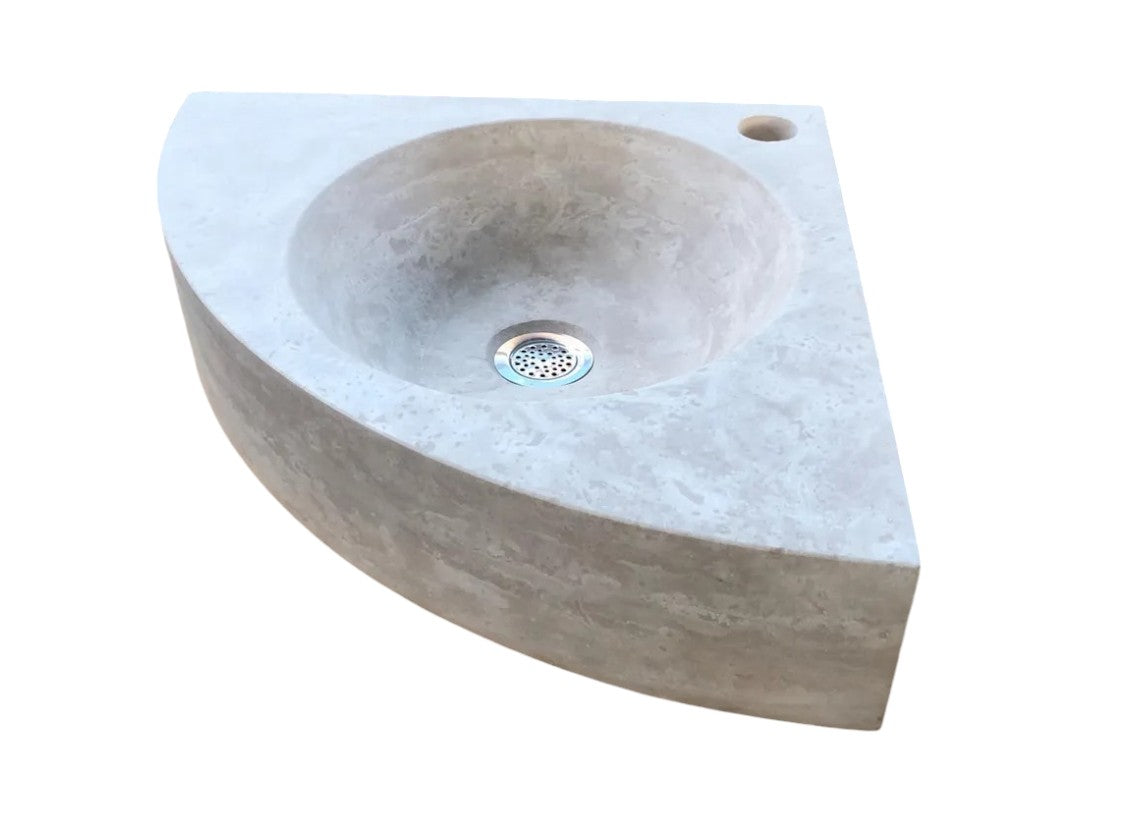 Light Beige Travertine Handcrafted Vessel Corner Sink Wall Mount 15.7 x 15.7