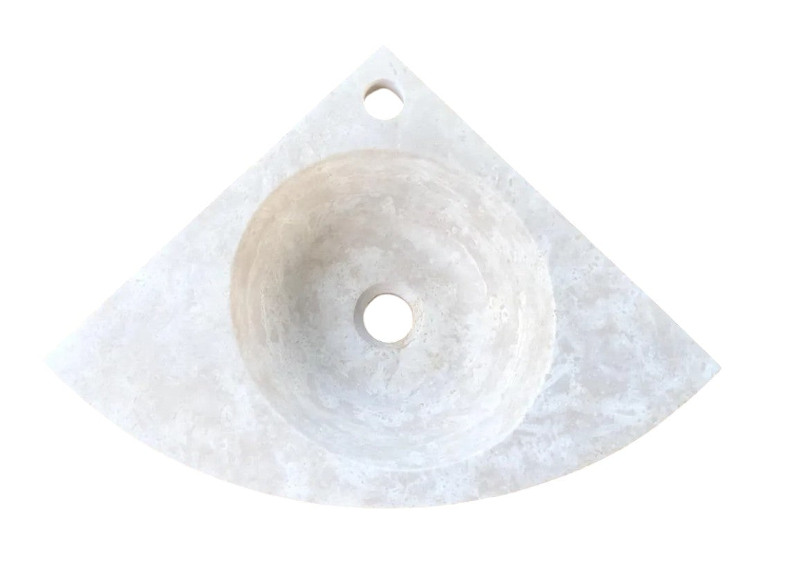Light Beige Travertine Handcrafted Vessel Corner Sink Wall Mount 15.7 x 15.7
