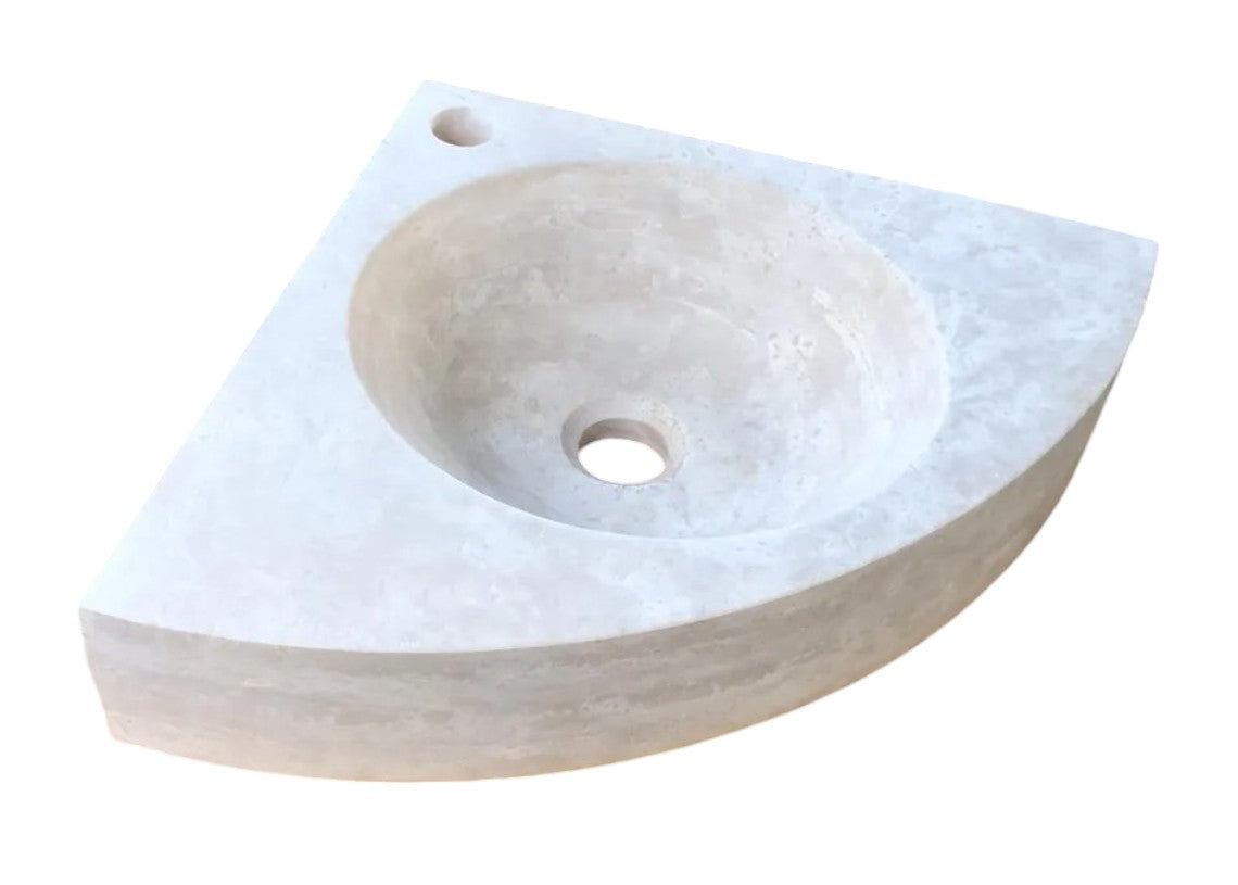 Light Beige Travertine Handcrafted Vessel Corner Sink Wall Mount 15.7 x 15.7
