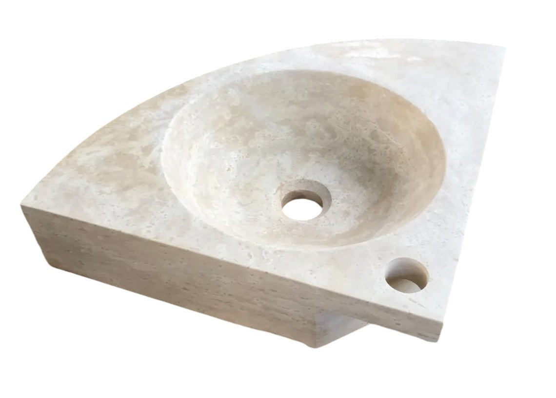 Light Beige Travertine Handcrafted Vessel Corner Sink Wall Mount 15.7 x 15.7
