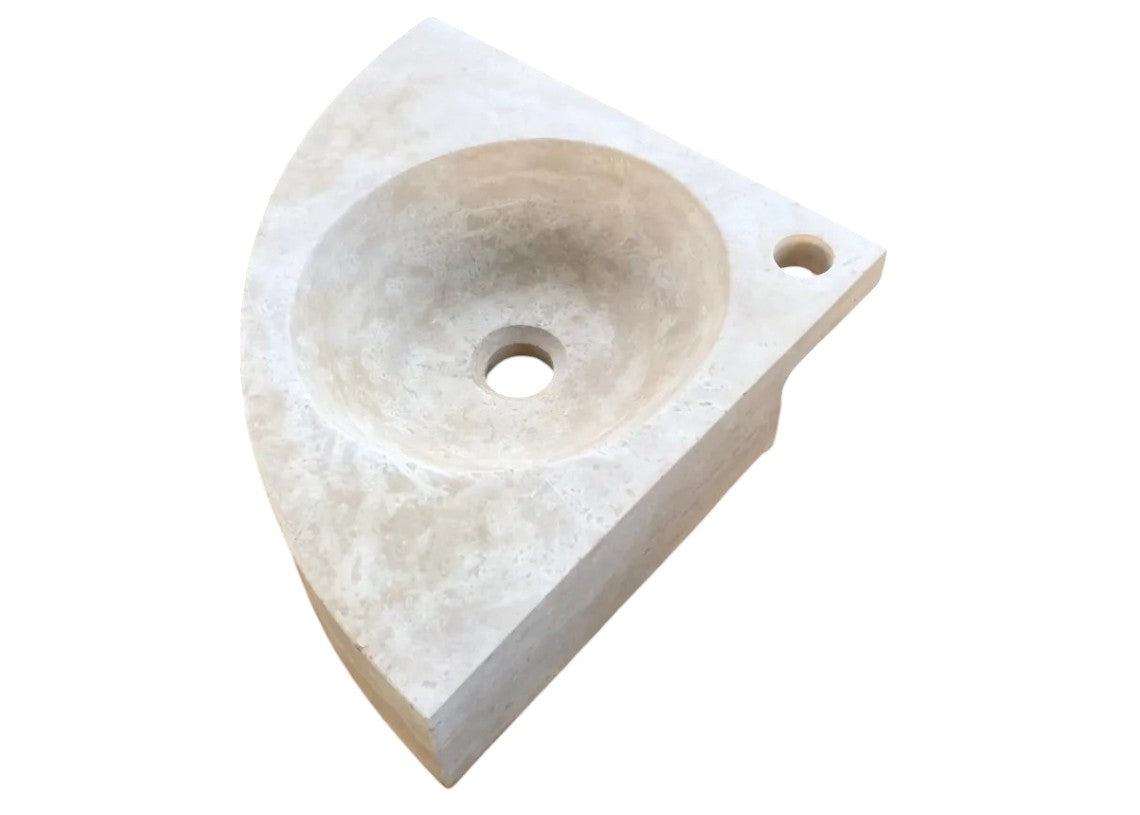Light Beige Travertine Handcrafted Vessel Corner Sink Wall Mount 15.7 x 15.7